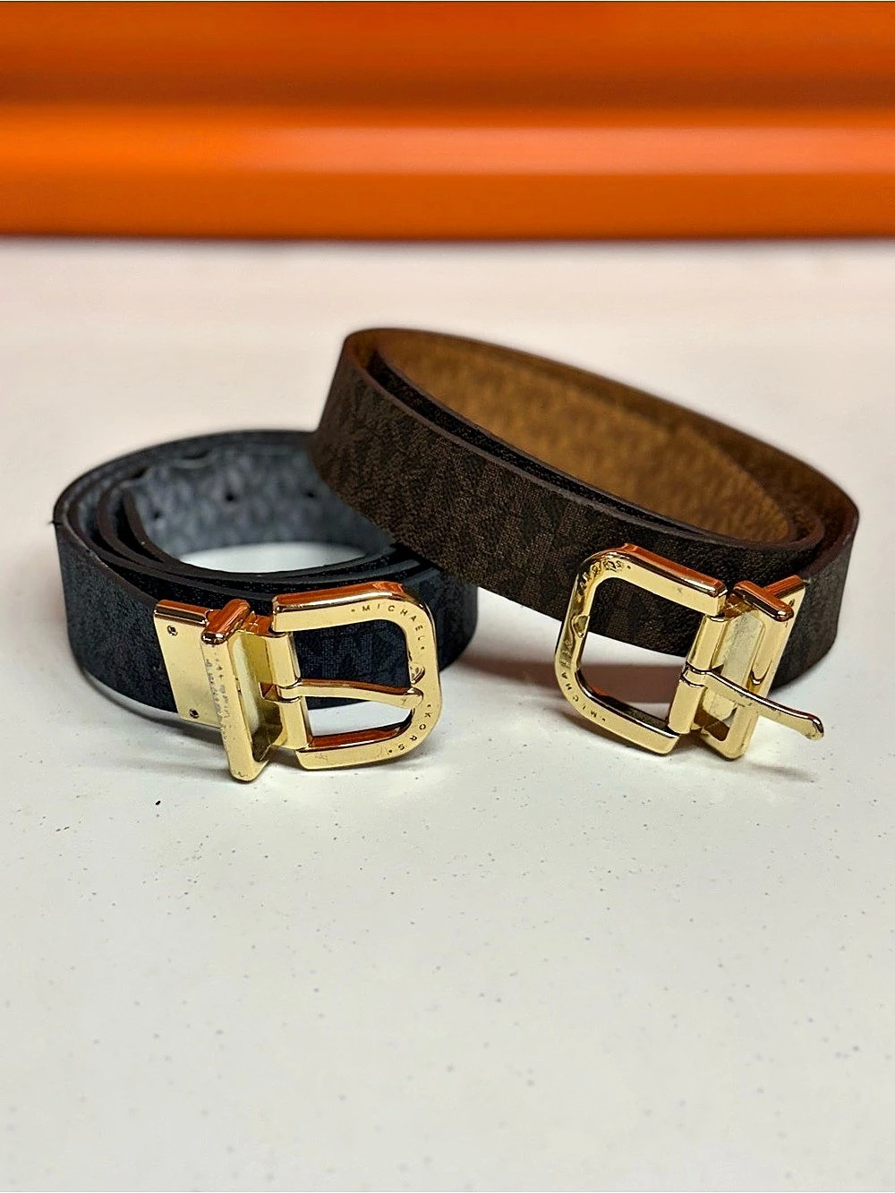 Michael Kors Reversible Logo Belt Set in Brown & Black